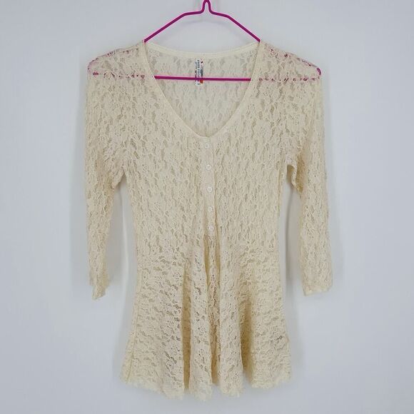 Free People Lace Stretch Peplum Top Cream Women’s Size Small - Picture 2 of 9